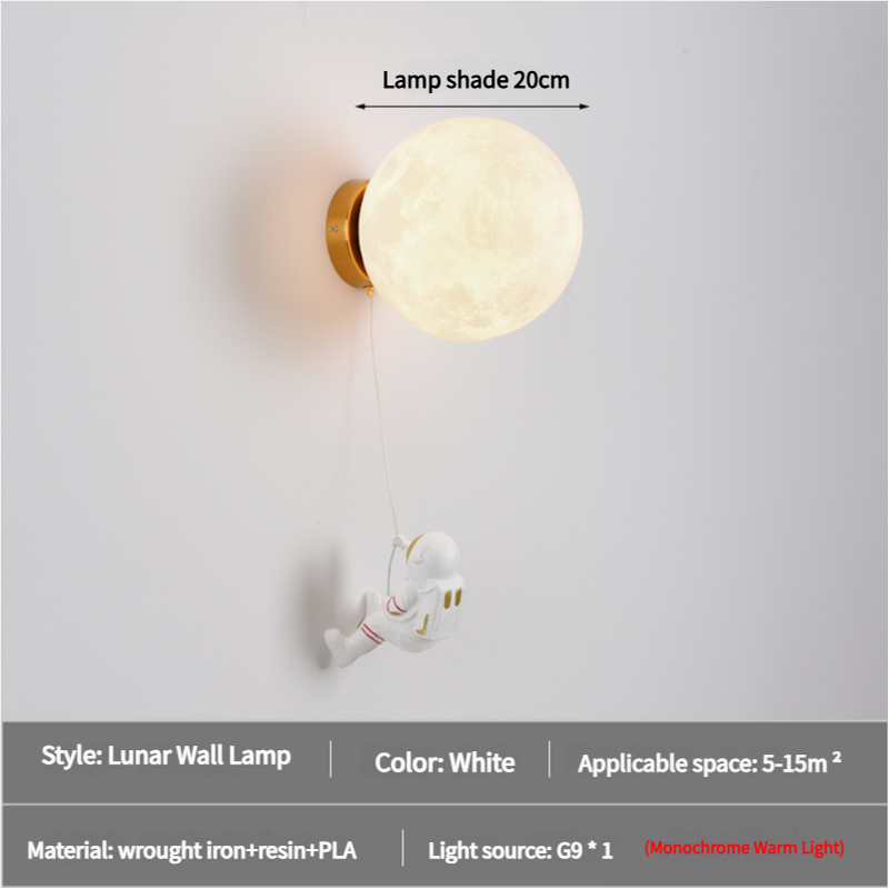 Astronaut moon wall lamp with round moon shade and dangling astronaut figure, warm light