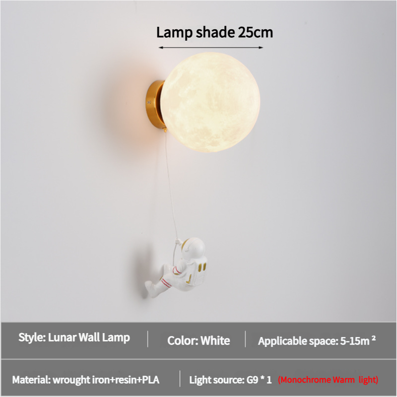 Astronaut moon wall lamp with warm glow, gold wall mount, white astronaut figurine