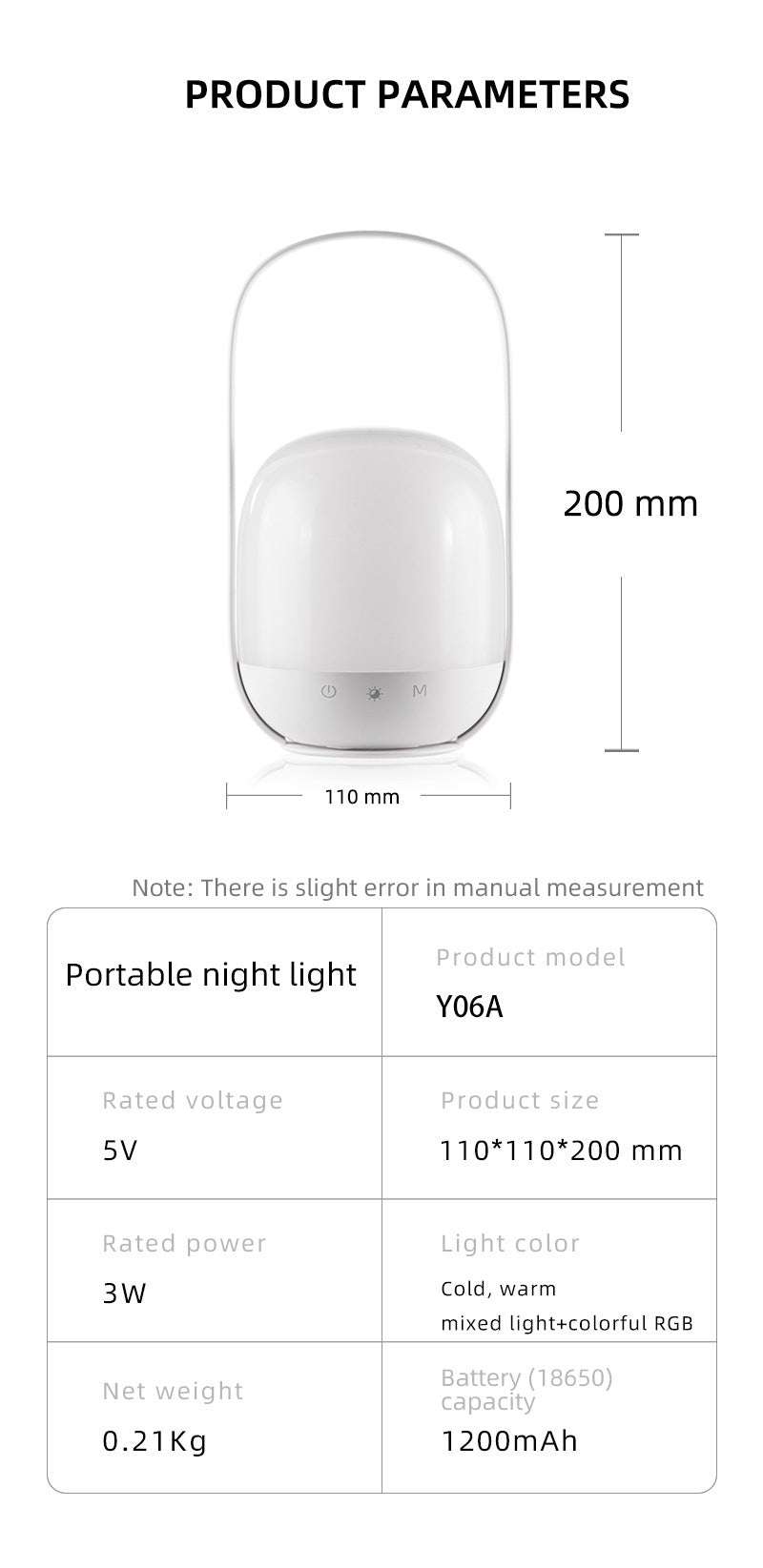Portable LED Night Light with 16 Colors, 4 Dimming Modes, and Remote Control