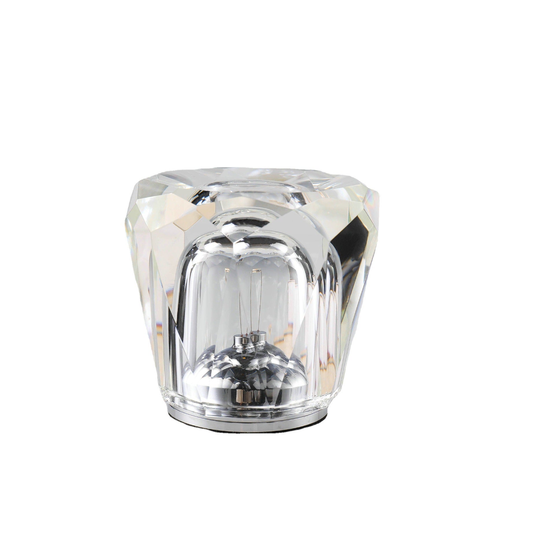 Crystal LED table lamp, faceted clear glass with silver-toned base, unlit