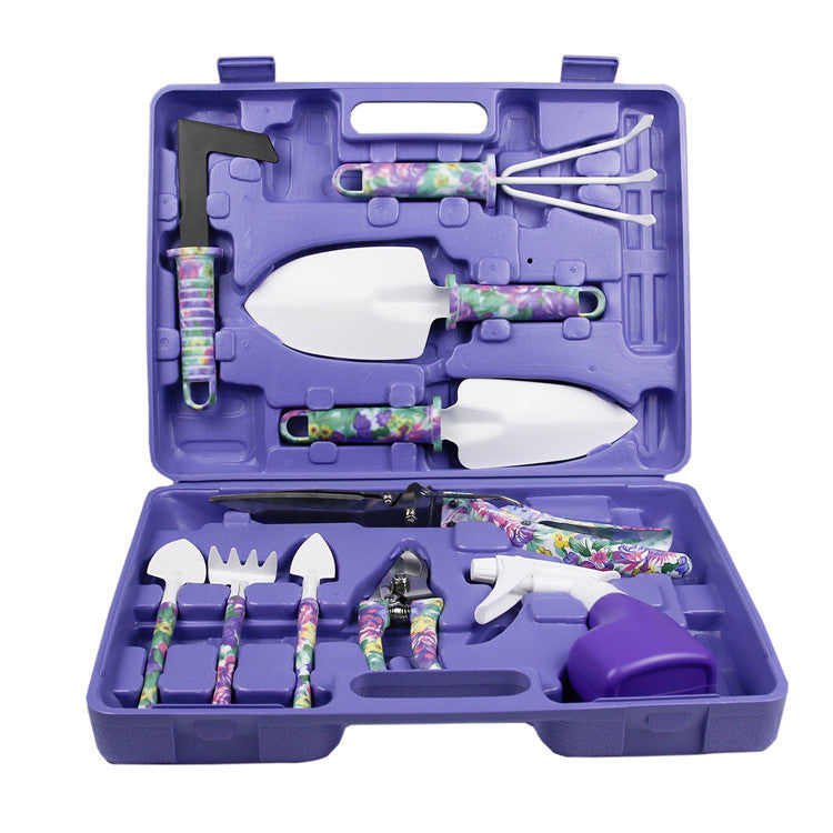 Purple 10-piece gardening tool set in open case, floral-handled tools and accessories