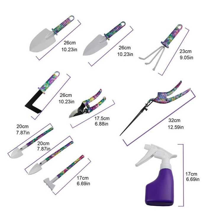 Gardening tool set with floral handles and purple spray bottle, assorted sizes