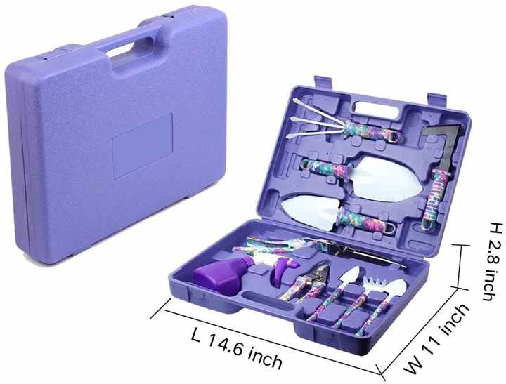 Purple carrying case open with gardening tools, blades, and patterned grips inside