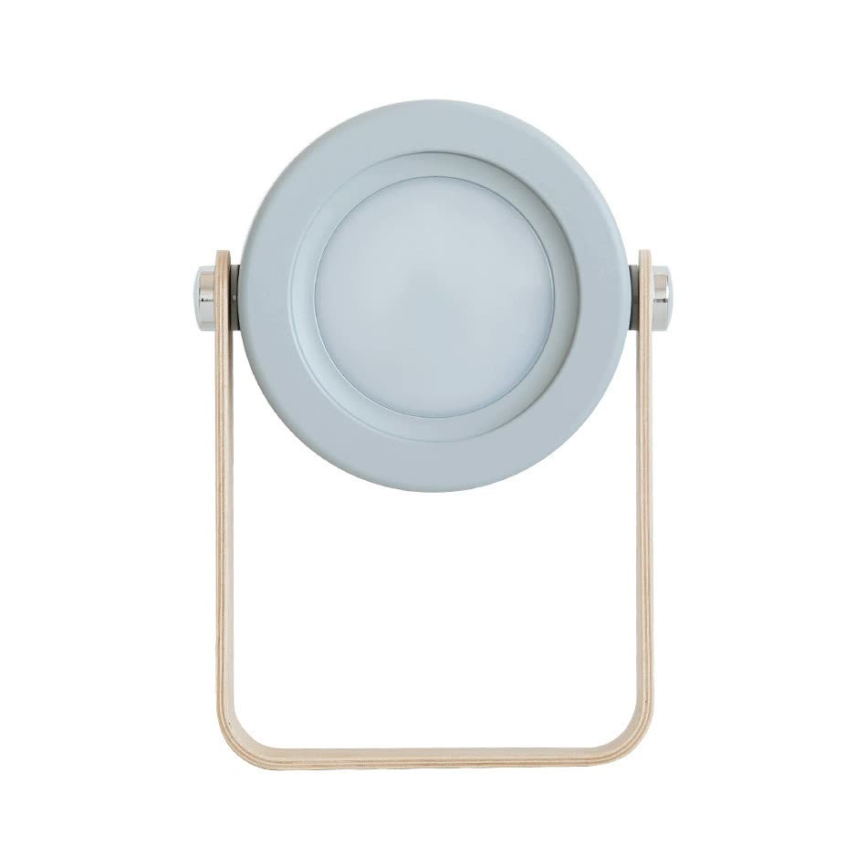 Gray lantern desk lamp with round translucent diffuser and wooden-look handle stand
