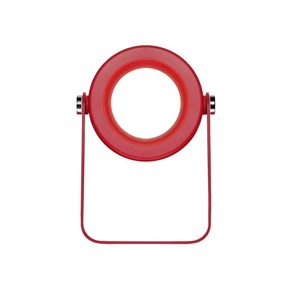 Red lantern-style desk lamp with circular ring and hinged stand.