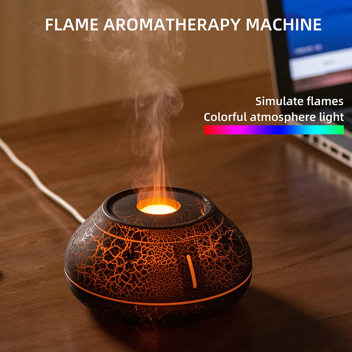 Aroma diffuser base with glowing warm ring and mist rising