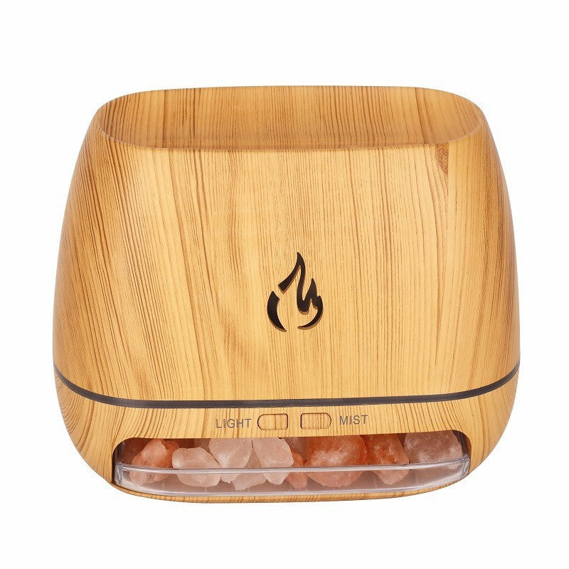 Wood grain aroma diffuser with clear window, flame icon, and light/mist controls