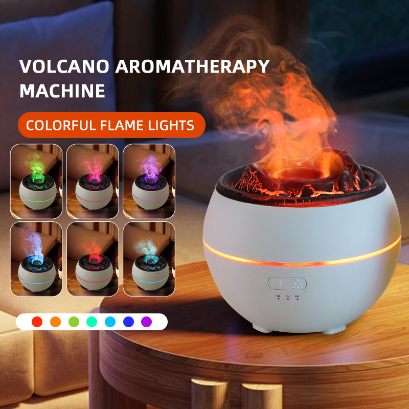 White aroma diffuser releasing orange flame-like mist with glowing LED ring