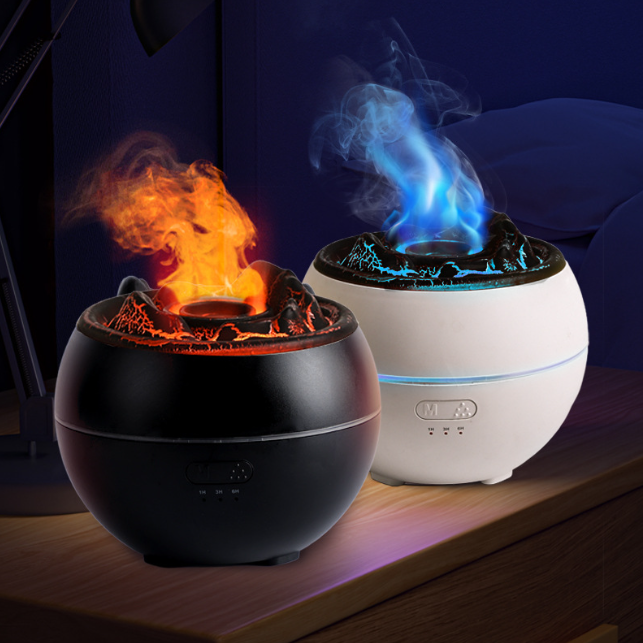 Black and white aroma diffusers on a table, emitting blue and orange mist