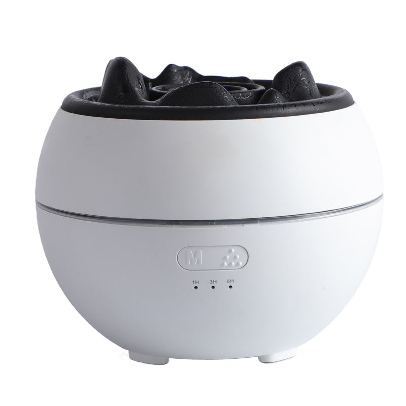 White aroma diffuser with cracked-mountain top and mist control panel