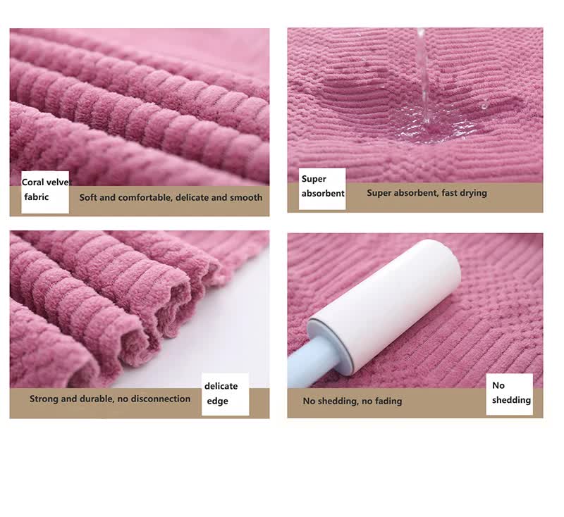 Coral fleece towel set, mauve fabric texture close-ups with rolled towel and folded edge
