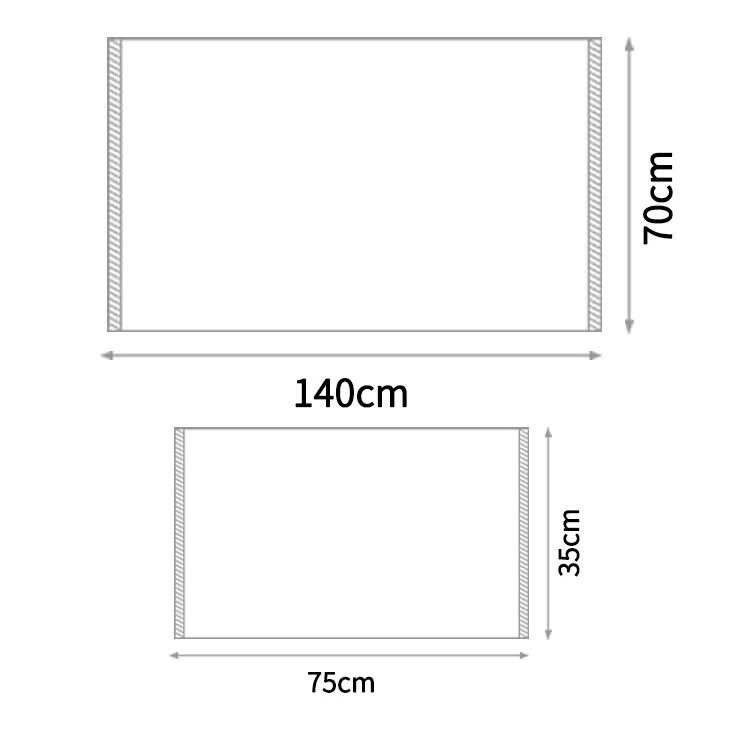 Coral fleece towel set size diagram: 140cm x 70cm and 75cm x 35cm rectangles