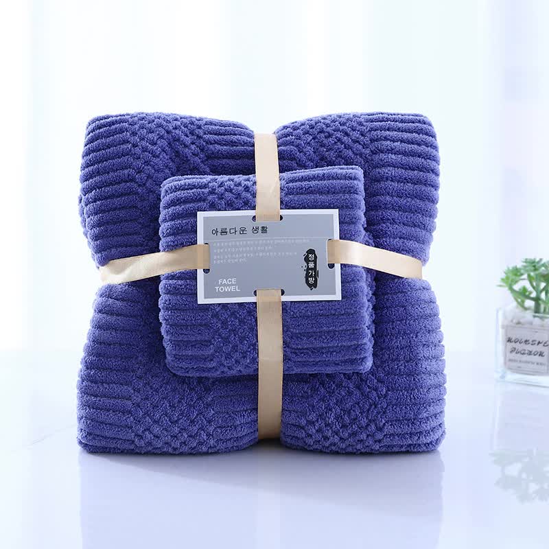 Fleece bath towel set, dark blue, rolled and bundled with beige straps