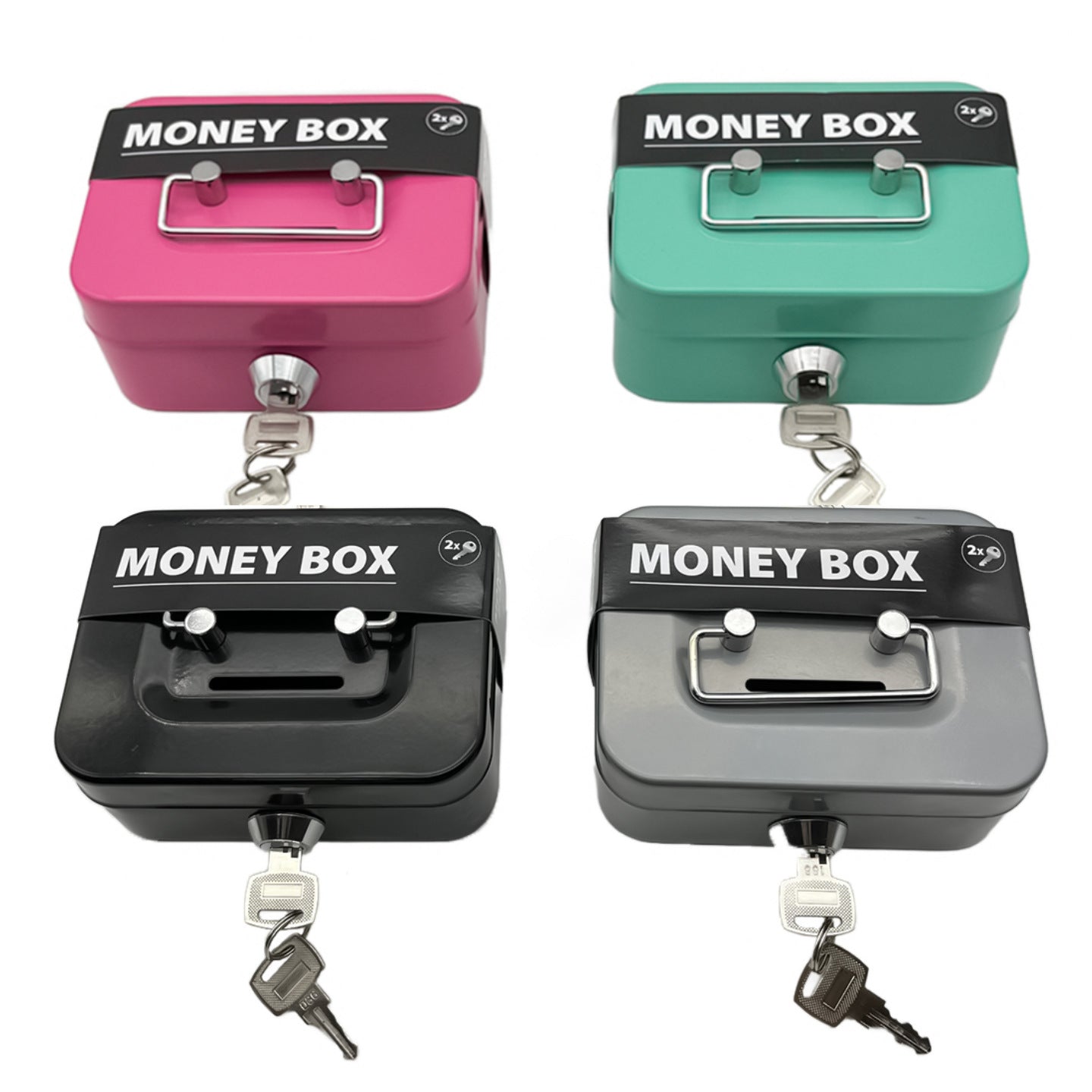 Mini lockable cash box set with handle in pink, green, black and gray