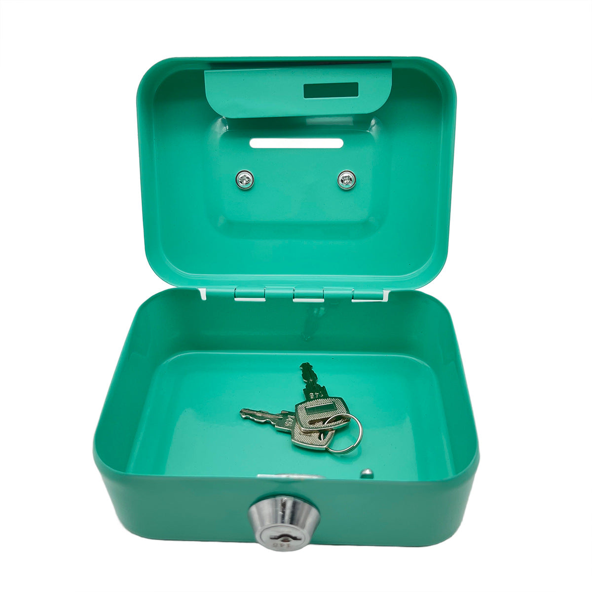 Green mini lockable cash box with open lid and key lock, inside slot
