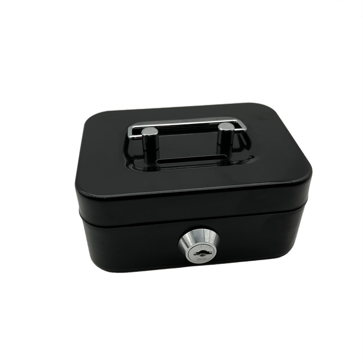 Black mini lockable cash box with chrome handle and key lock, closed lid