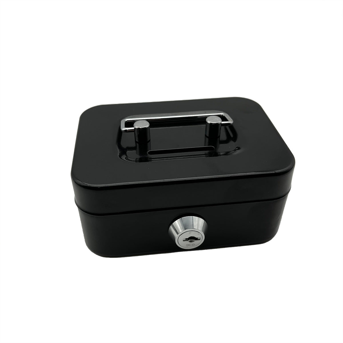Black mini lockable cash box with chrome handle and key lock