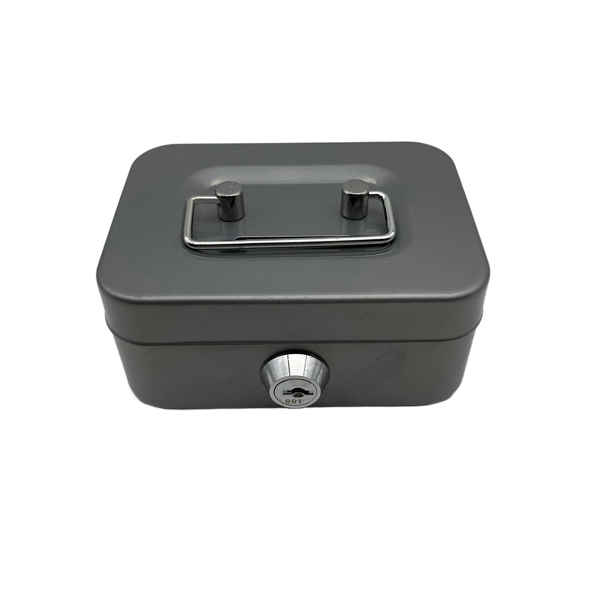 Gray mini lockable cash box with top handle and front key lock