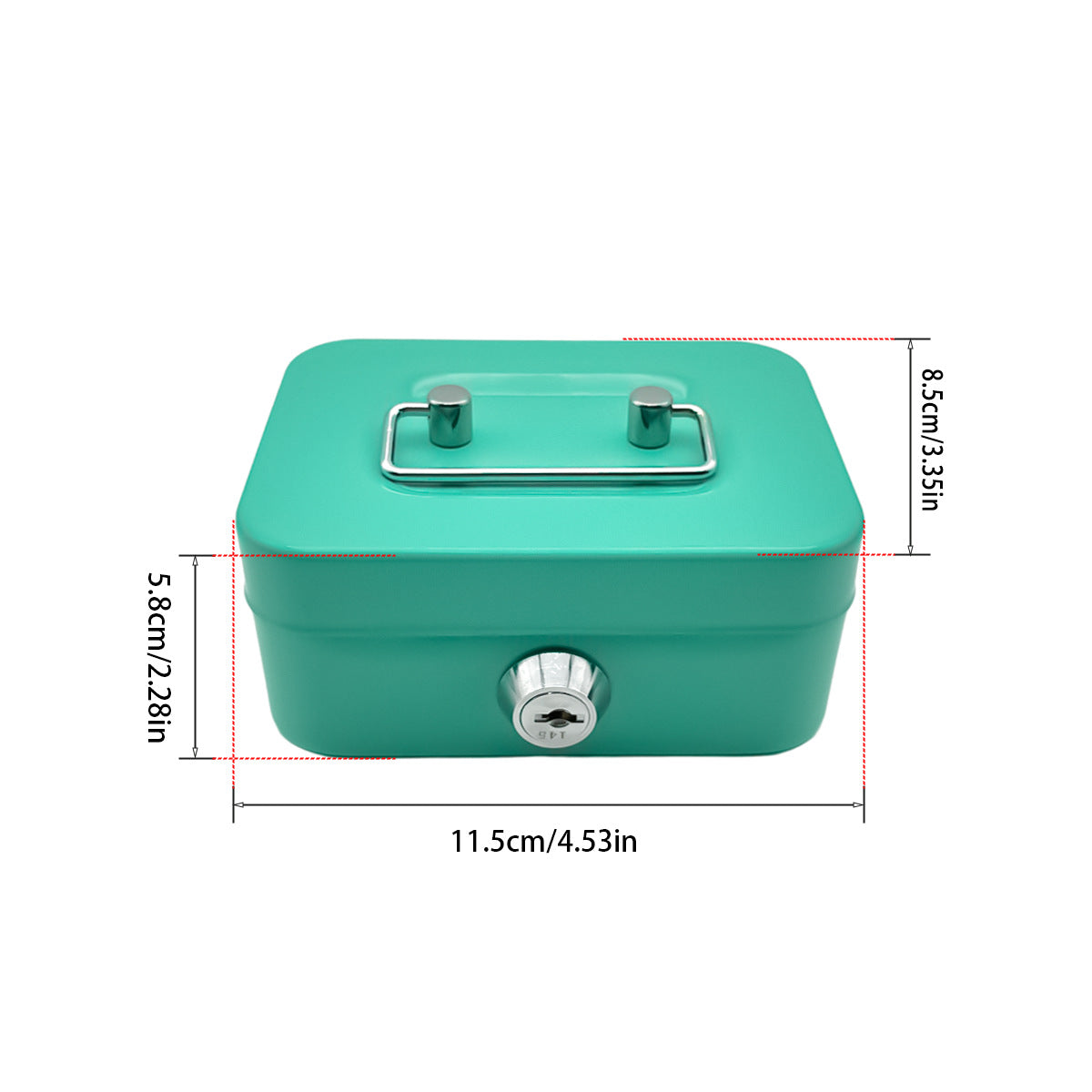 Teal mini lockable cash box with top handle and front key lock
