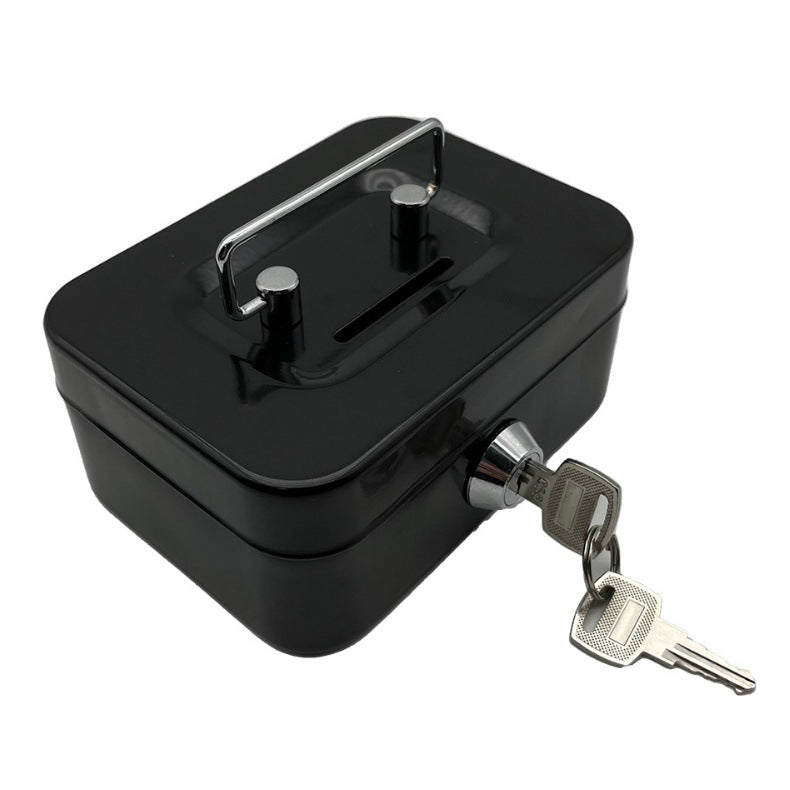Black mini lockable cash box with top handle, key lock, and keys