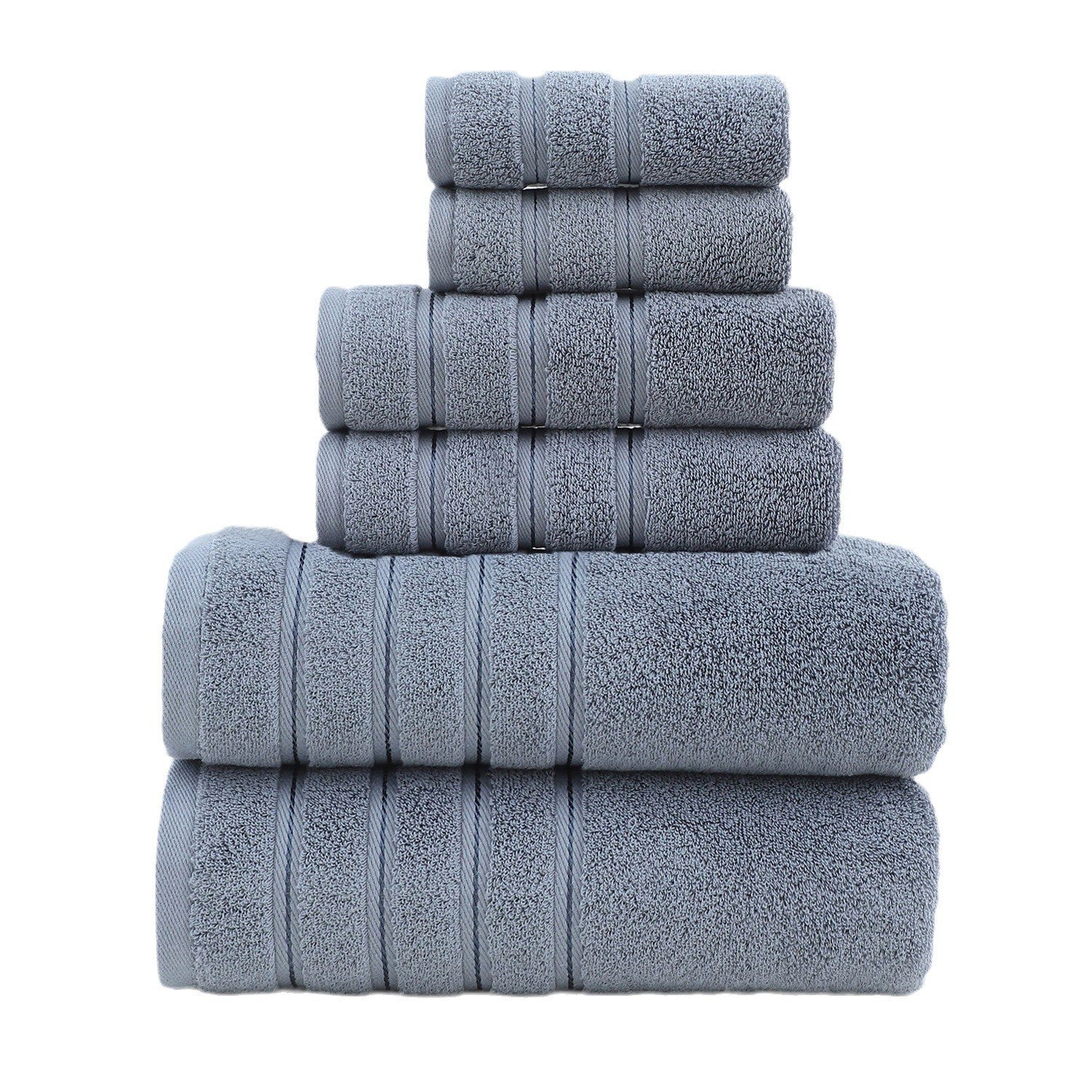 Gray cotton towel set, neatly folded bath and hand towels stacked