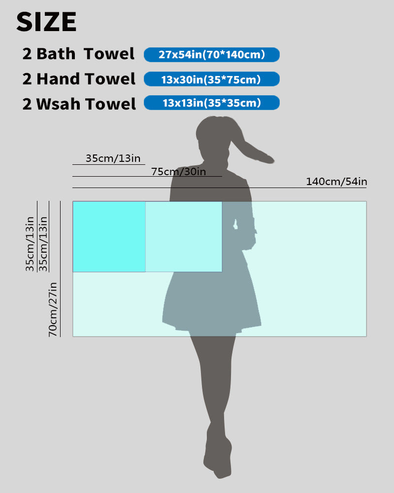 Towel set size chart showing bath, hand, and wash towel measurements