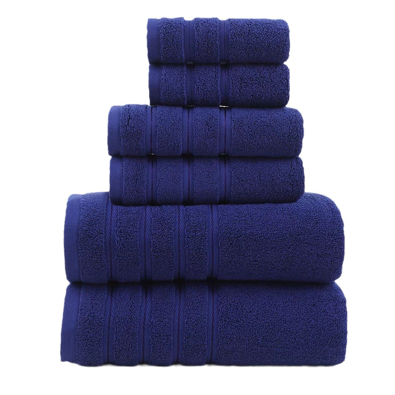 Cotton towel set, dark blue bath, hand and washcloth towels stacked neatly