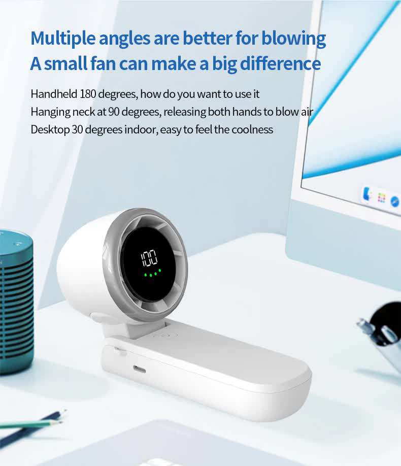 White Portable USB Rechargeable Handheld Fan with Digital Display