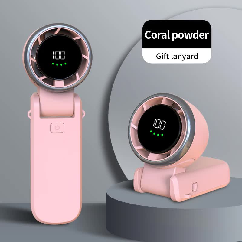 Coral pink handheld USB rechargeable fan with digital display and circular grille