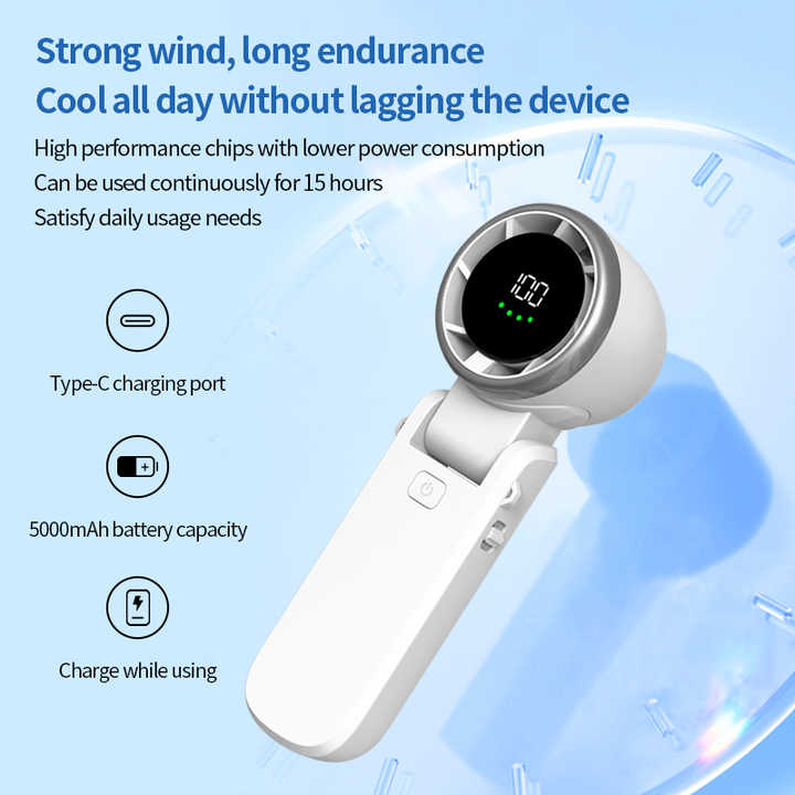 White handheld USB rechargeable fan with digital display and visible charging port area
