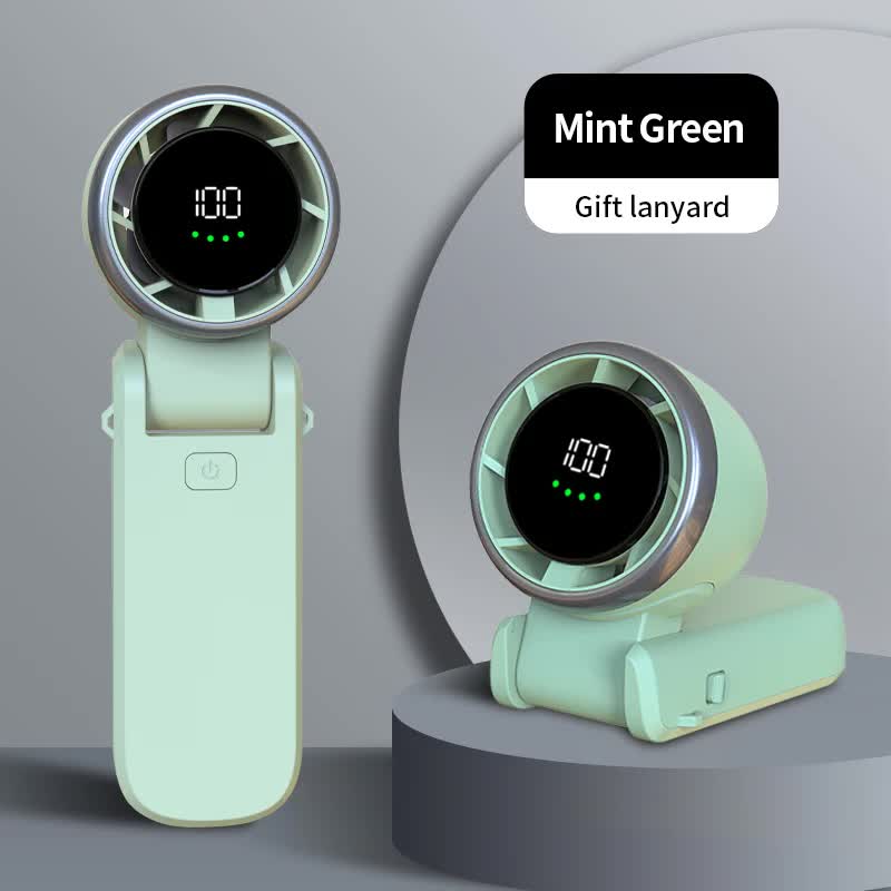 Mint green handheld rechargeable fan with circular digital display and fold-out stand