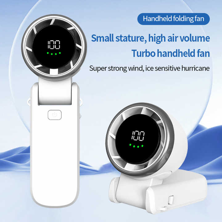 White handheld folding fan with circular digital display screen