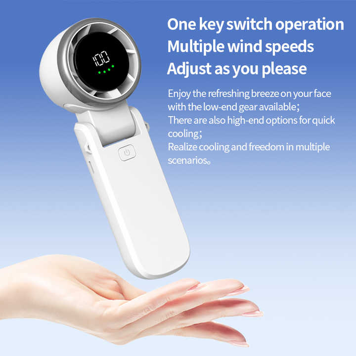 White handheld fan with circular digital display and one-button control