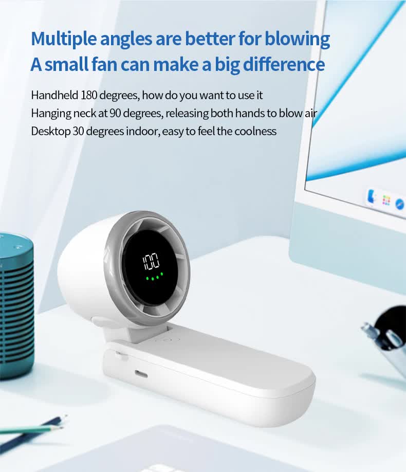 White adjustable handheld fan with circular digital display