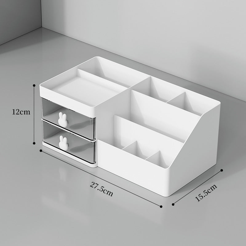 White drawer-style cosmetic organizer with three compartments and two pull-out drawers