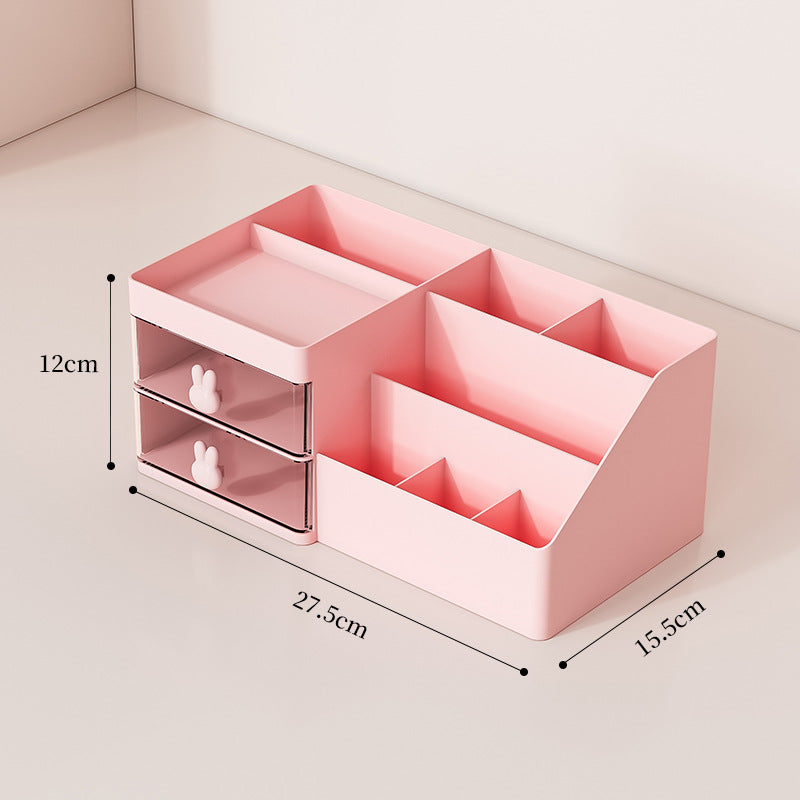 Pink drawer-style cosmetic organizer with open compartments and two drawer units