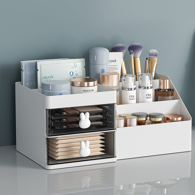 White drawer-style cosmetic organizer with divided trays and two pull-out drawers