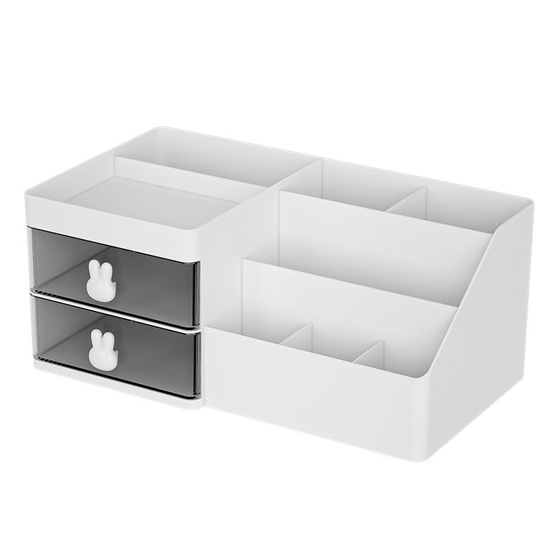 White drawer-style cosmetic organizer with divided trays and two drawer compartments