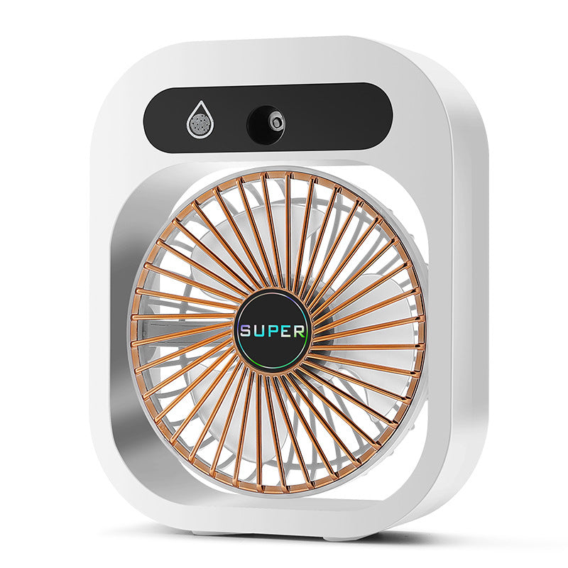 Portable misting fan, white and gray body with circular grille and top control panel