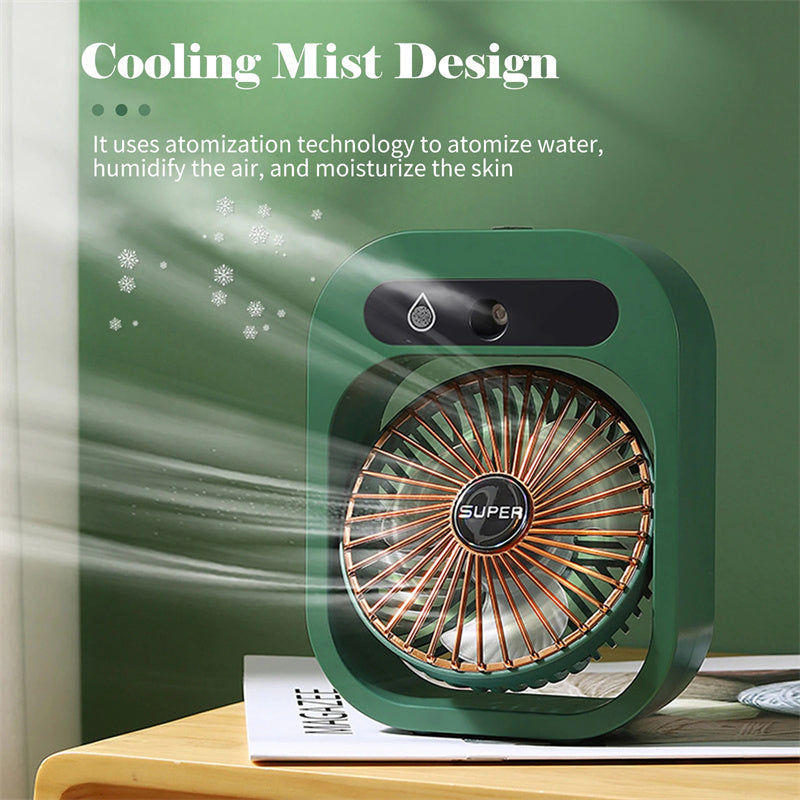 Portable misting fan with green frame, emitting fine mist around circular grille