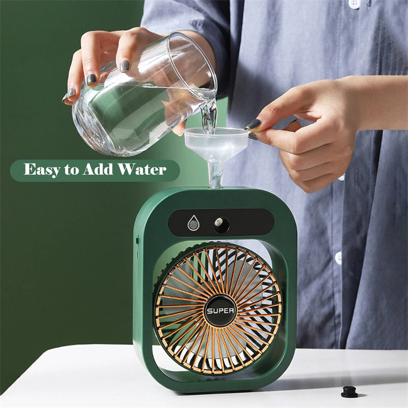 Portable misting fan with green body; water poured into top reservoir for misting
