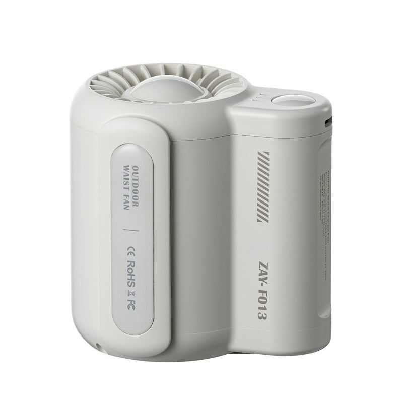 White portable waist fan with airflow grille and control panel, compact cylindrical body