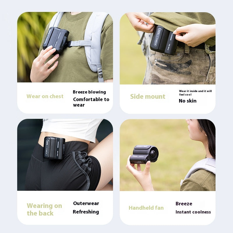 Portable wearable fan shown clipped to chest, waist, back, and as a handheld unit