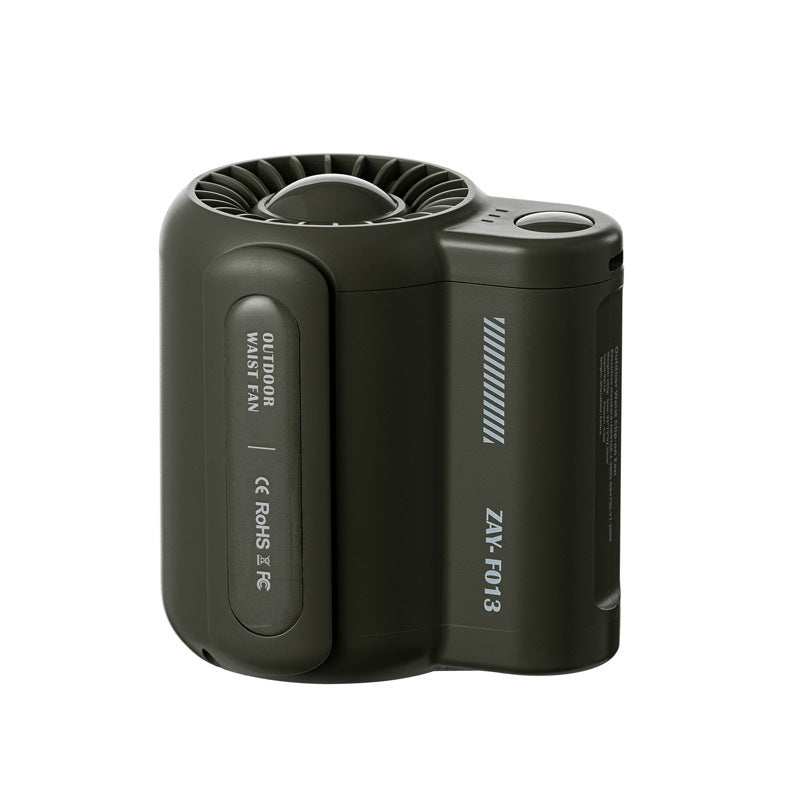 Portable waist fan with circular vents, dark olive green body and control buttons