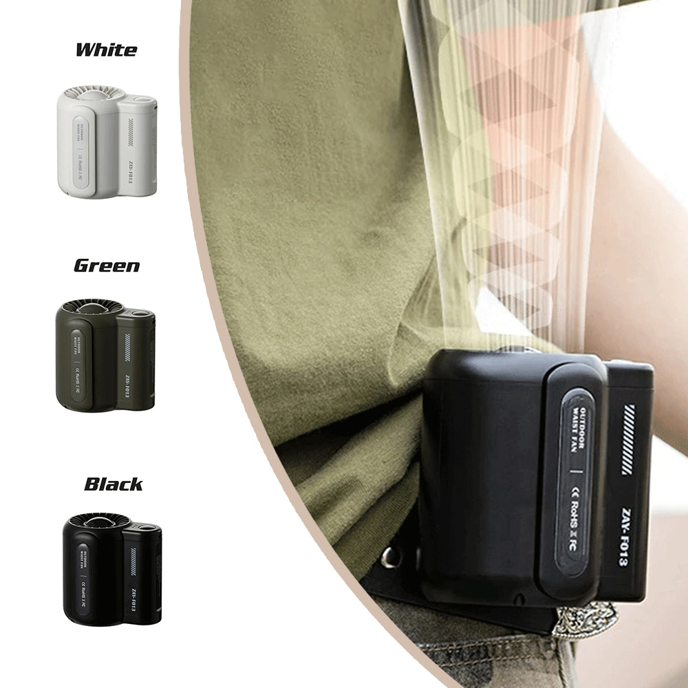 Portable waist fan attached to belt, black body with vent grille and side controls