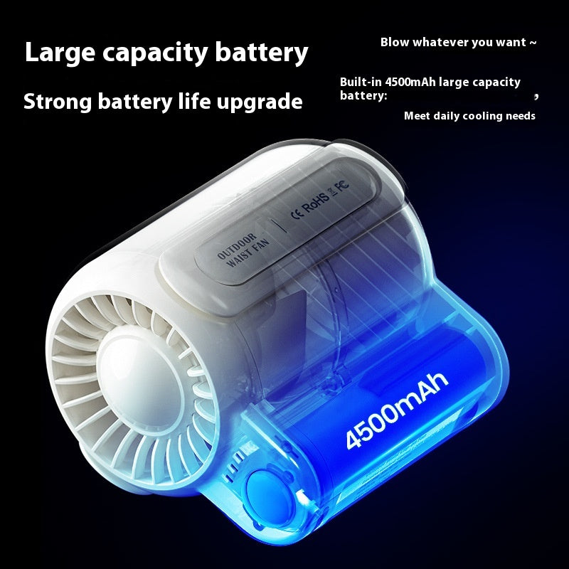 Portable waist fan with transparent airflow housing, white and blue body, front vent