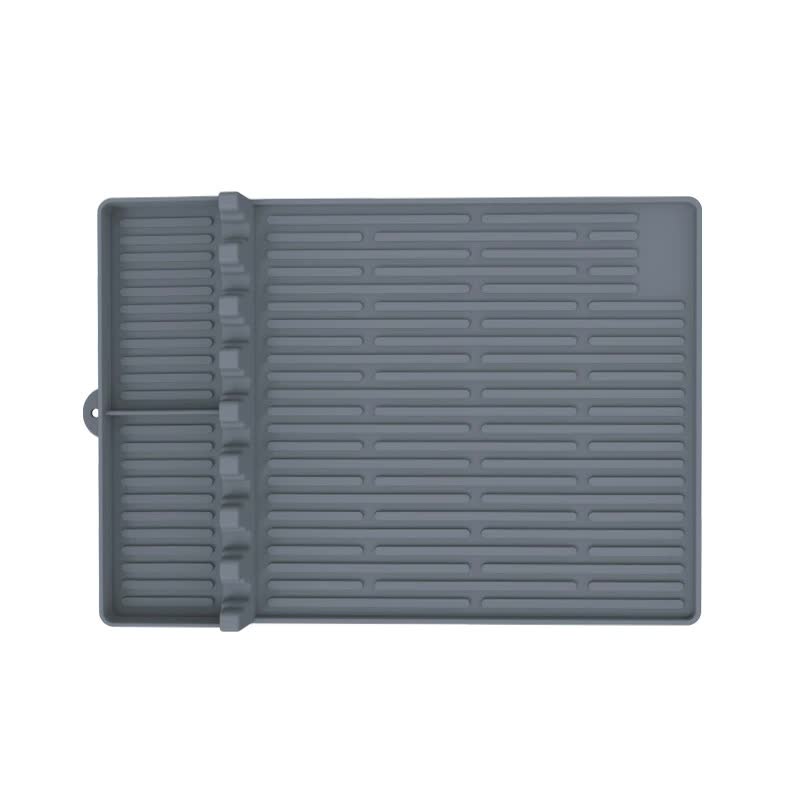 Grey silicone BBQ grilling mat with ribbed side rack protector, rectangular folding design.
