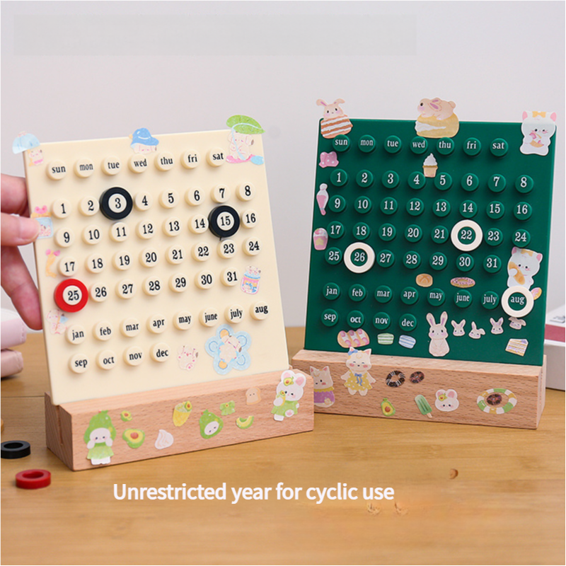 Perpetual desktop calendar set with two boards, numbered ring discs, cute month tabs