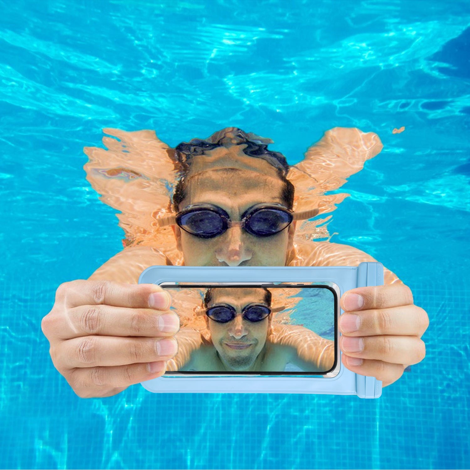 Blue Four Pieces Per Set Waterproof Phone Pouch with Clear Touchscreen Window and Lanyard