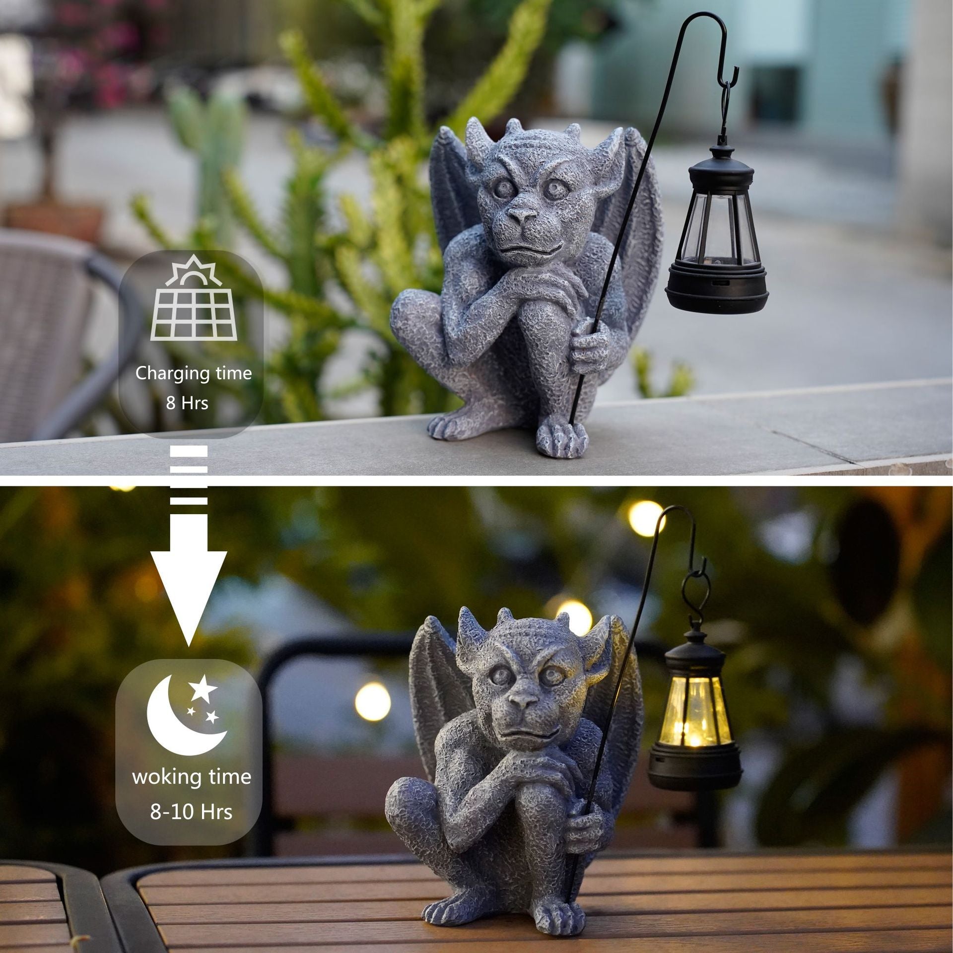 Solar-Powered Gargoyle Statue with LED Lantern ??Gothic Outdoor Halloween Garden Decor